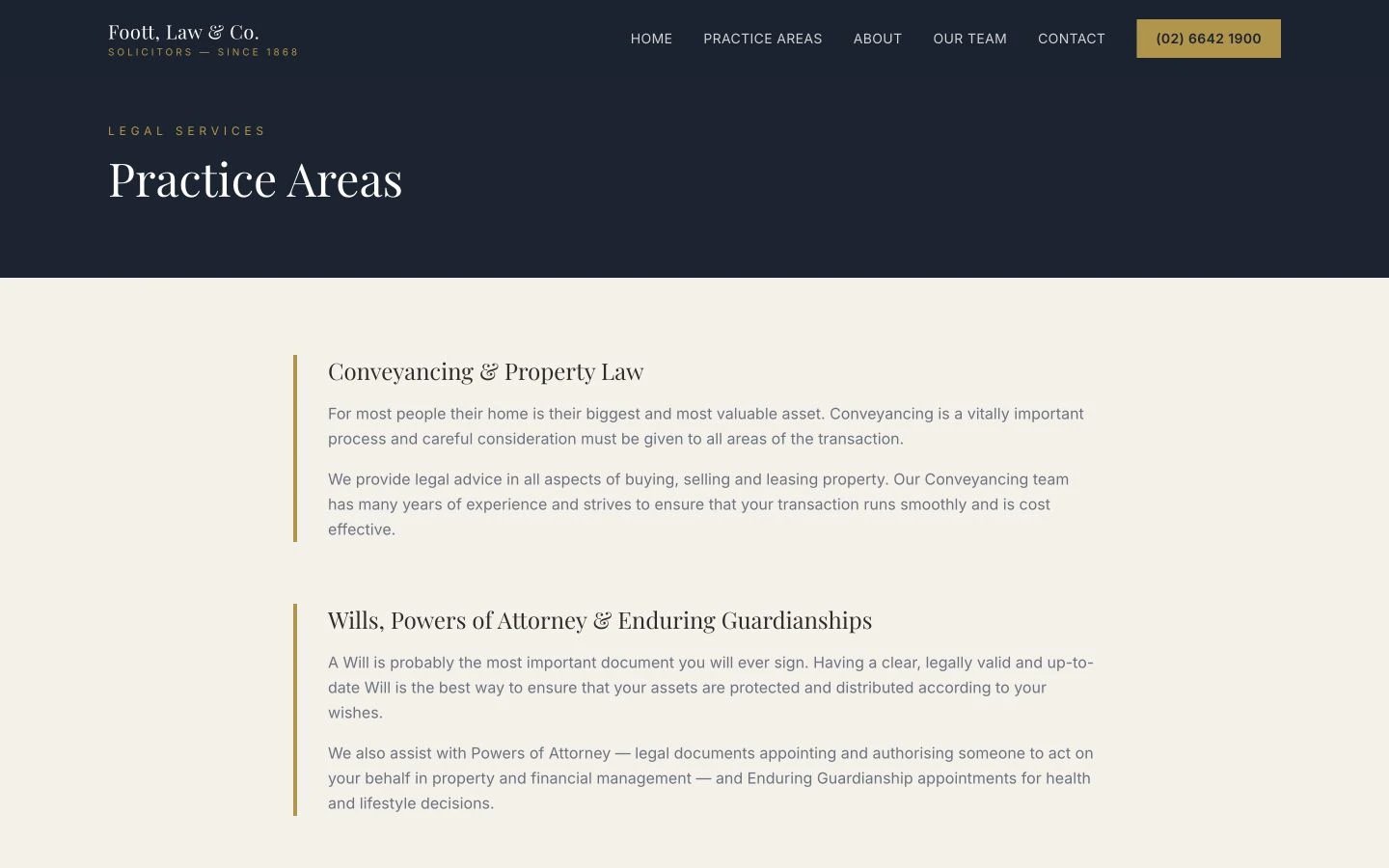 Foott, Law & Co.: Practice Areas desktop layout