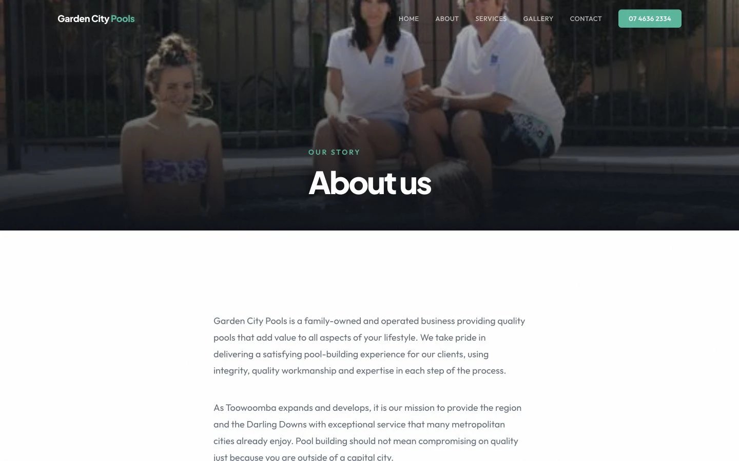 Garden City Pools: About design, showing “About us”