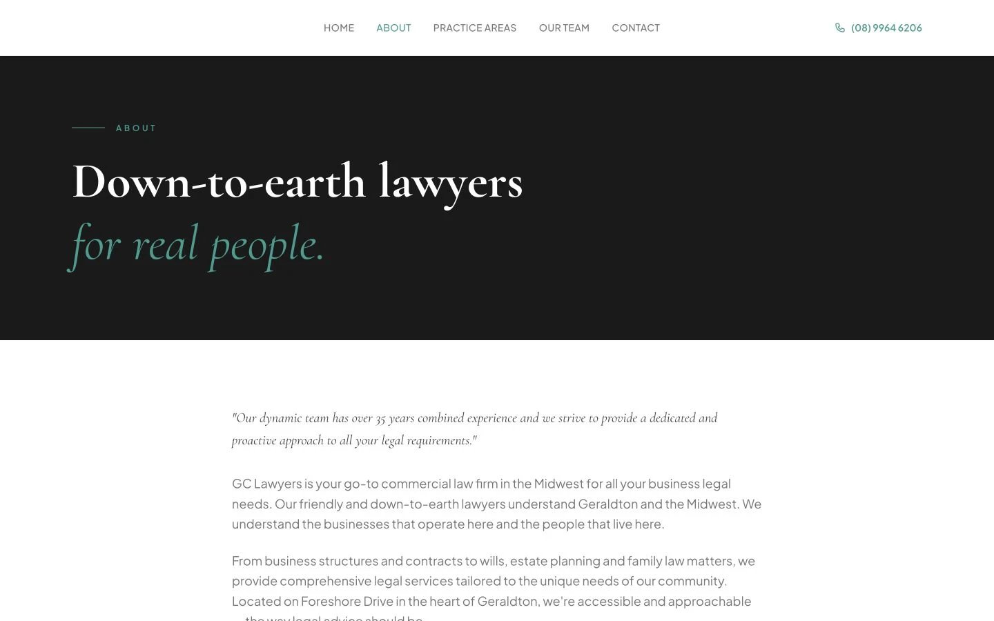 GC Lawyers: About design, showing “Down-to-earth lawyersfor real people.”