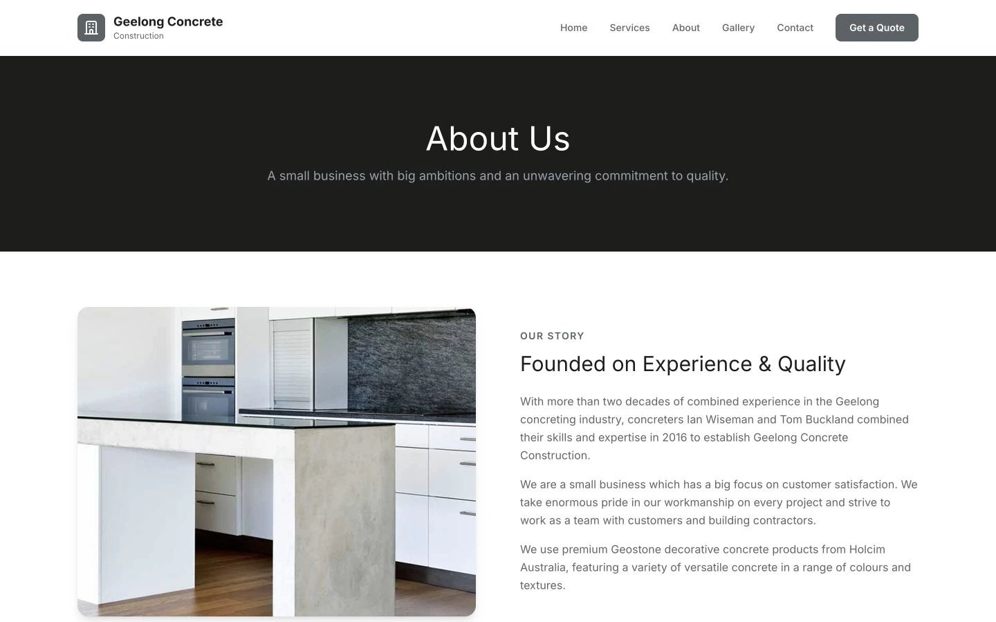 Geelong Concrete Construction: About design, showing “About Us”
