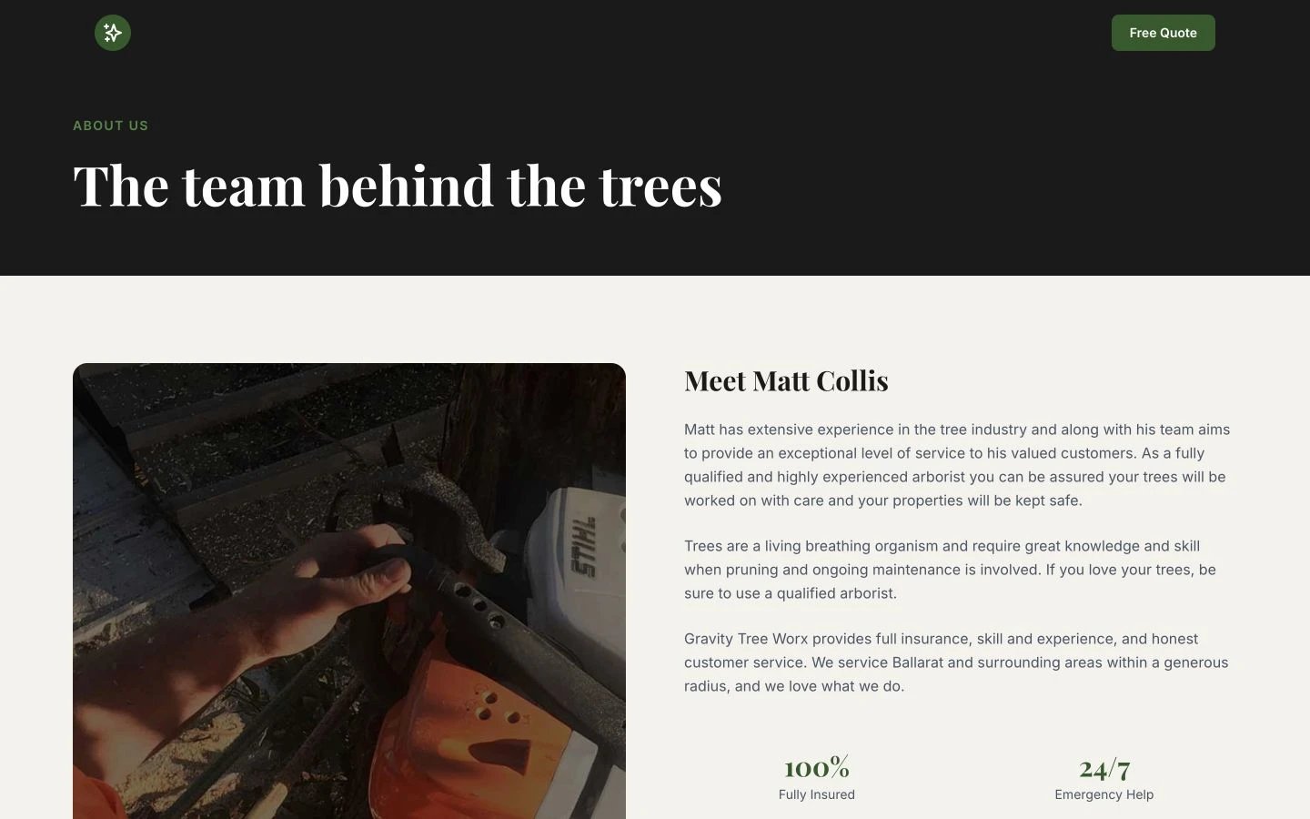 Gravity Tree Worx: About design, showing “The team behind the trees”