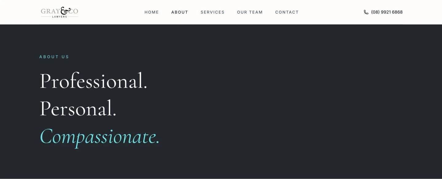 Gray & Co Lawyers: About design, showing “Professional. Personal. Compassionate.”