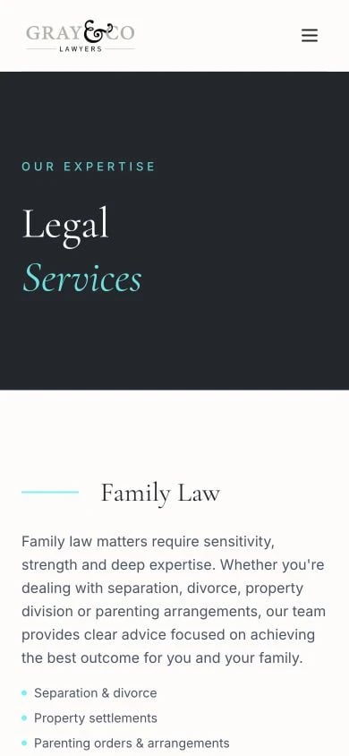 Gray & Co Lawyers: Services mobile layout
