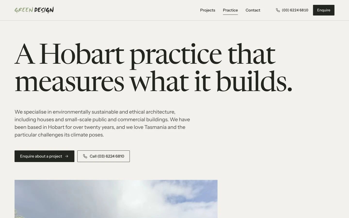 Green Design Architects: About design, showing “A Hobart practice that measures what it builds.”