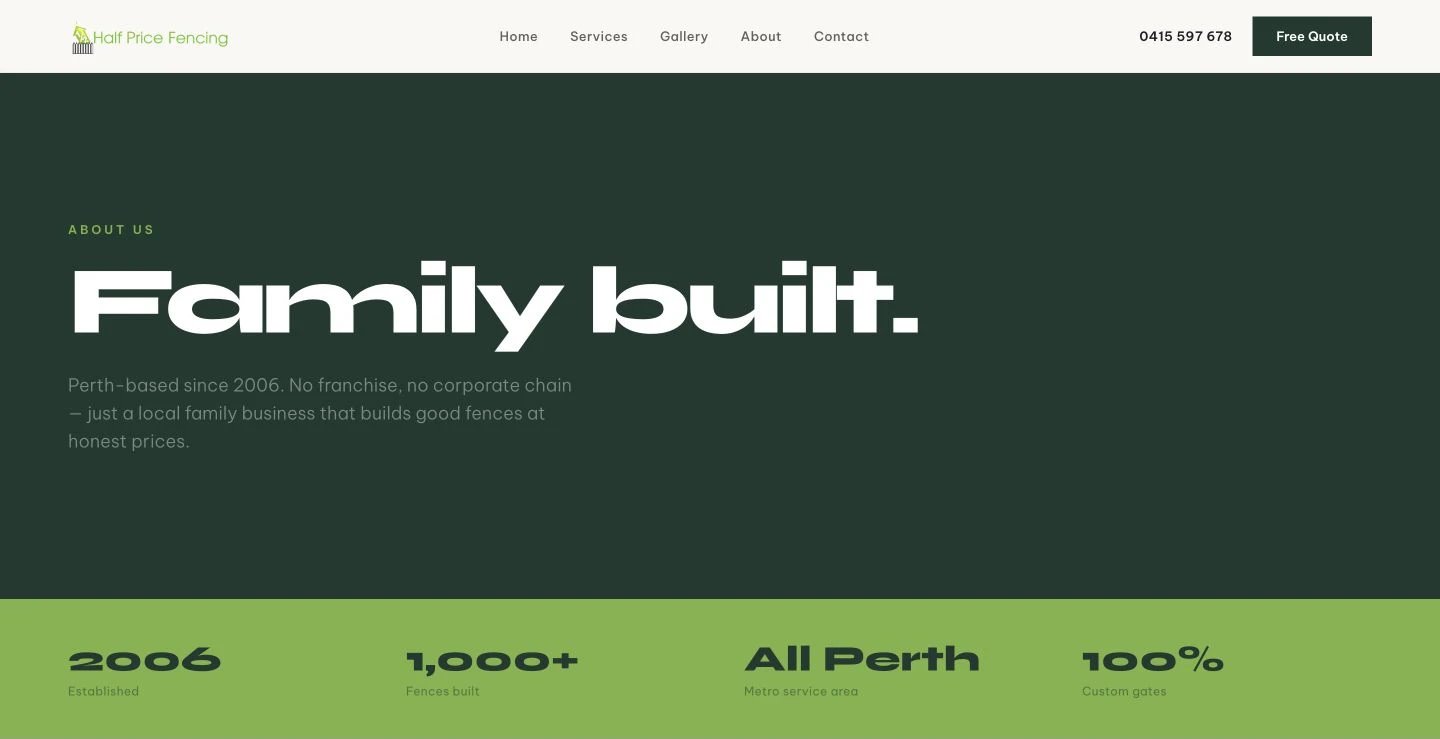 Half Price Fencing: About design, showing “Family built.”