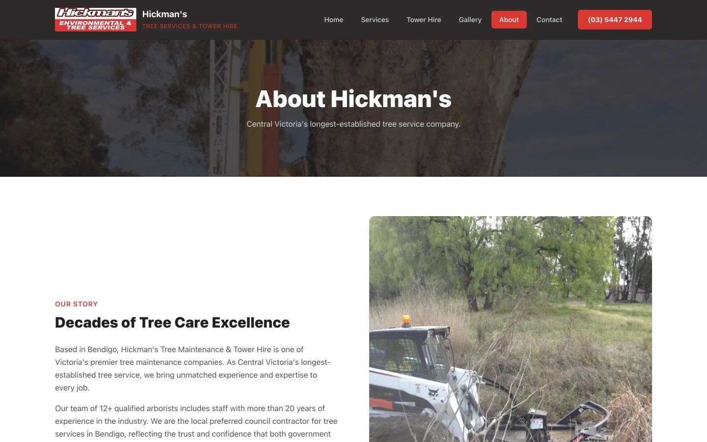 Hickman's Tree Services: About design, showing “About Hickman's”