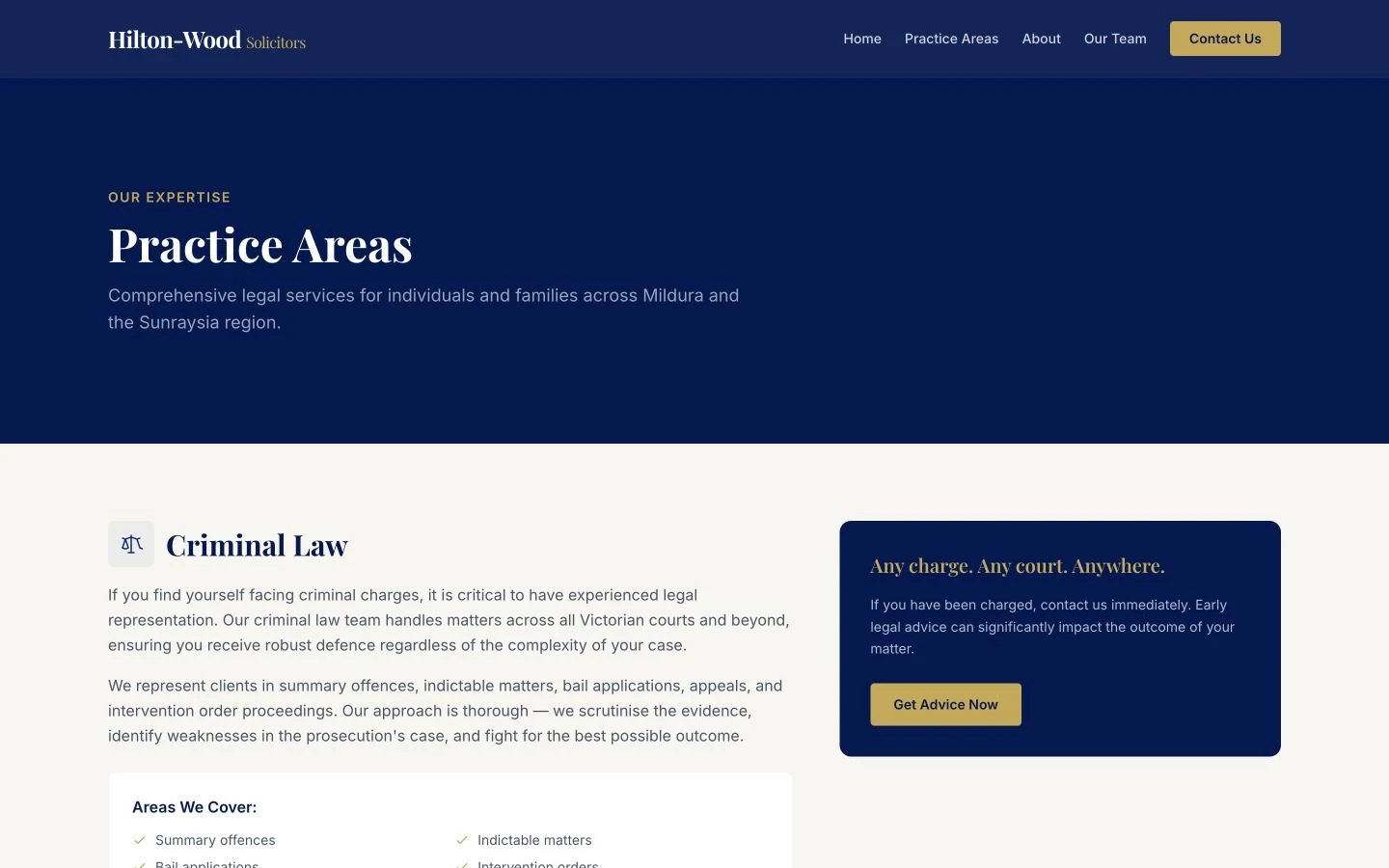 Hilton-Wood Solicitors: Practice Areas desktop layout