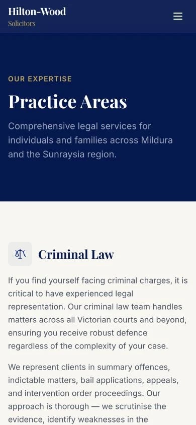 Hilton-Wood Solicitors: Practice Areas mobile layout