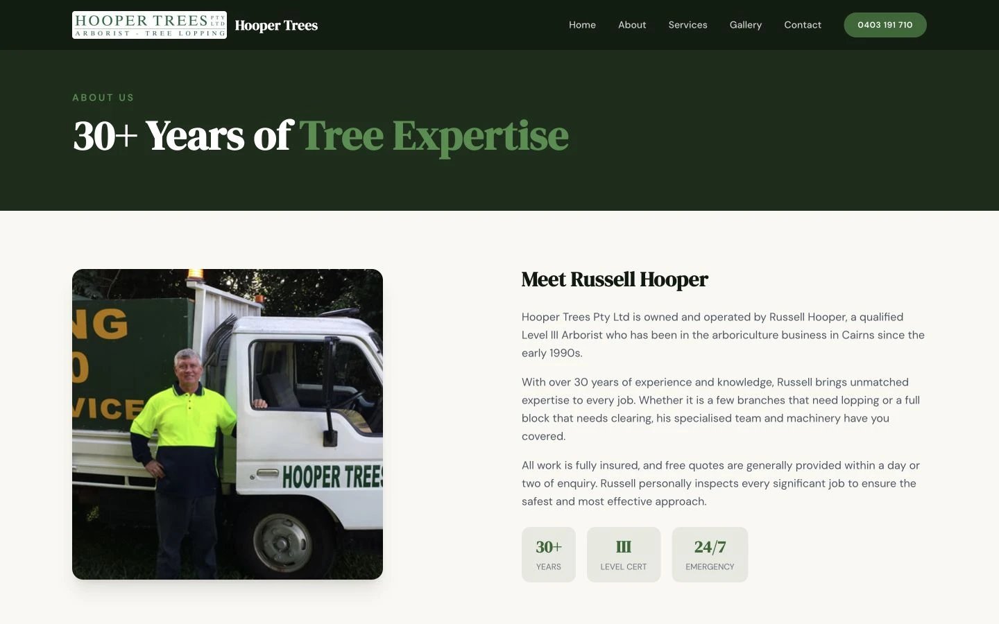 Hooper Trees: About design, showing “30+ Years of Tree Expertise”