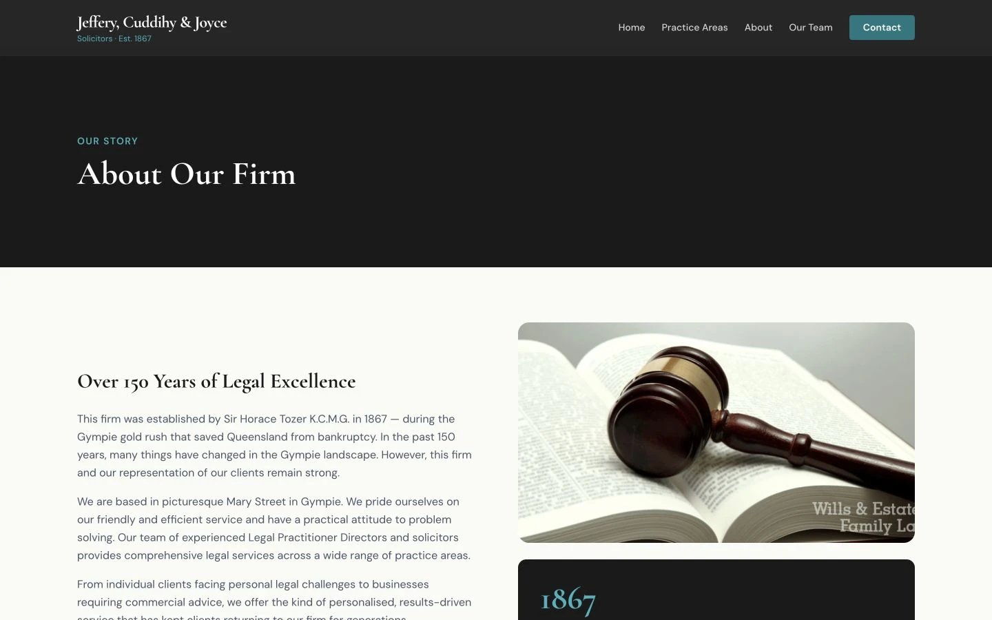 Jeffery, Cuddihy & Joyce: About design, showing “About Our Firm”