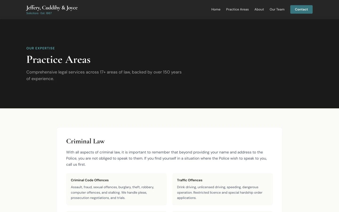 Jeffery, Cuddihy & Joyce: Practice Areas desktop layout