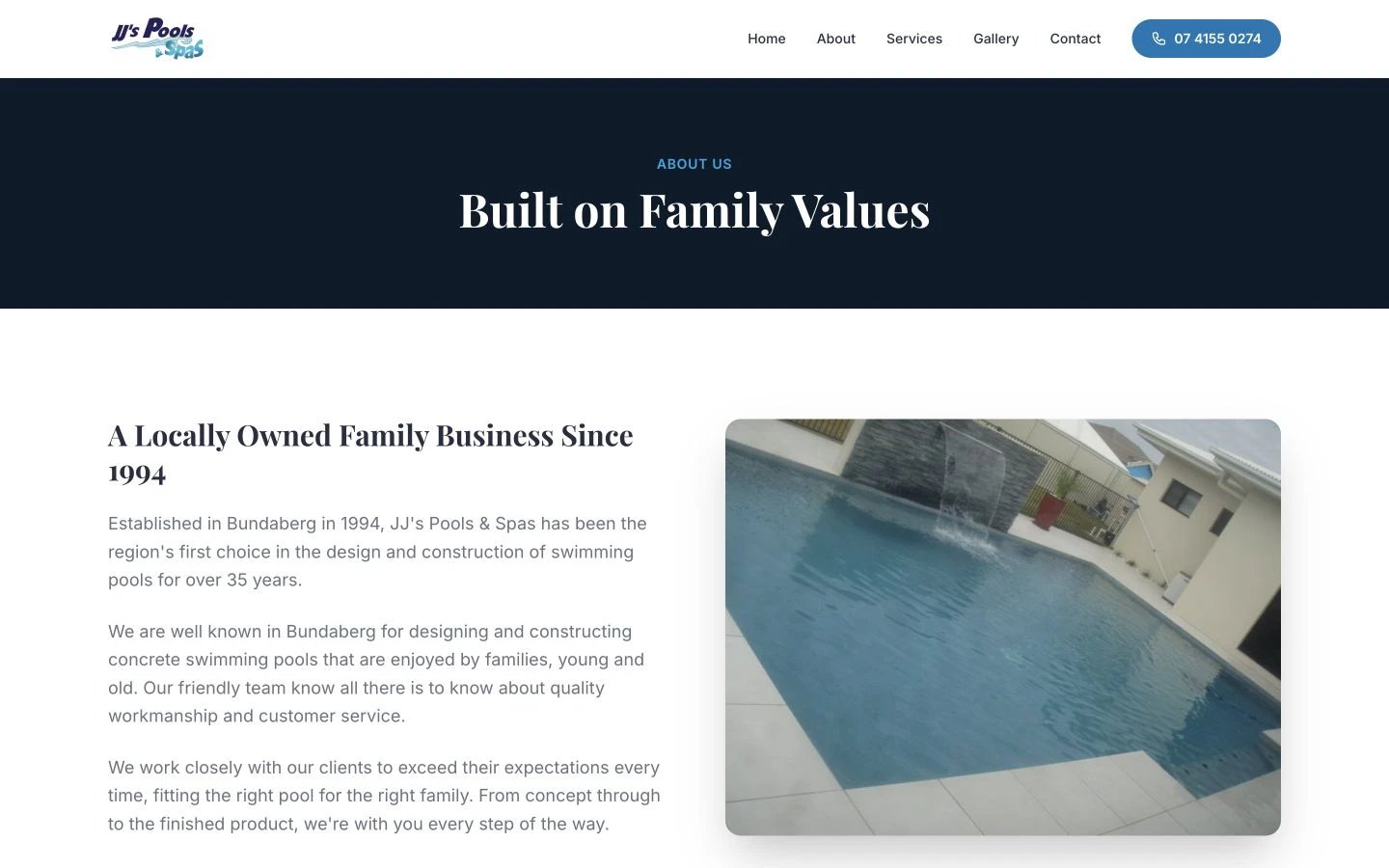 JJ's Pools & Spas: About design, showing “Built on Family Values”