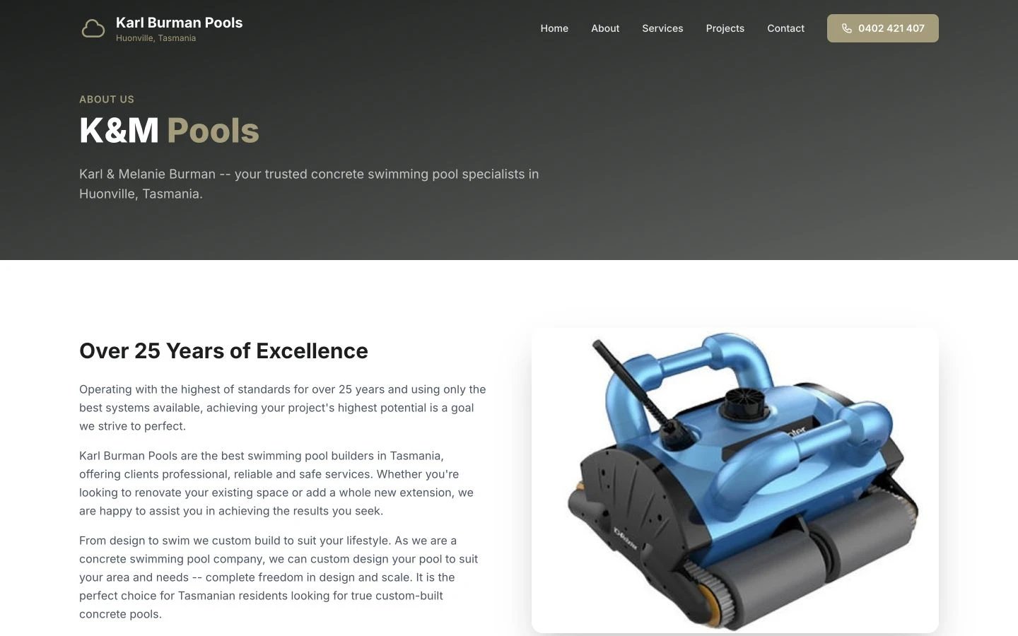 Karl Burman Pools: About design, showing “K&M Pools”