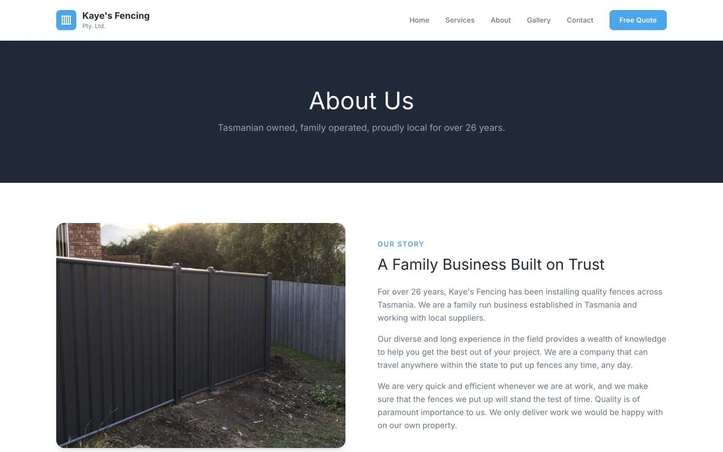 Kaye's Fencing: About design, showing “About Us”