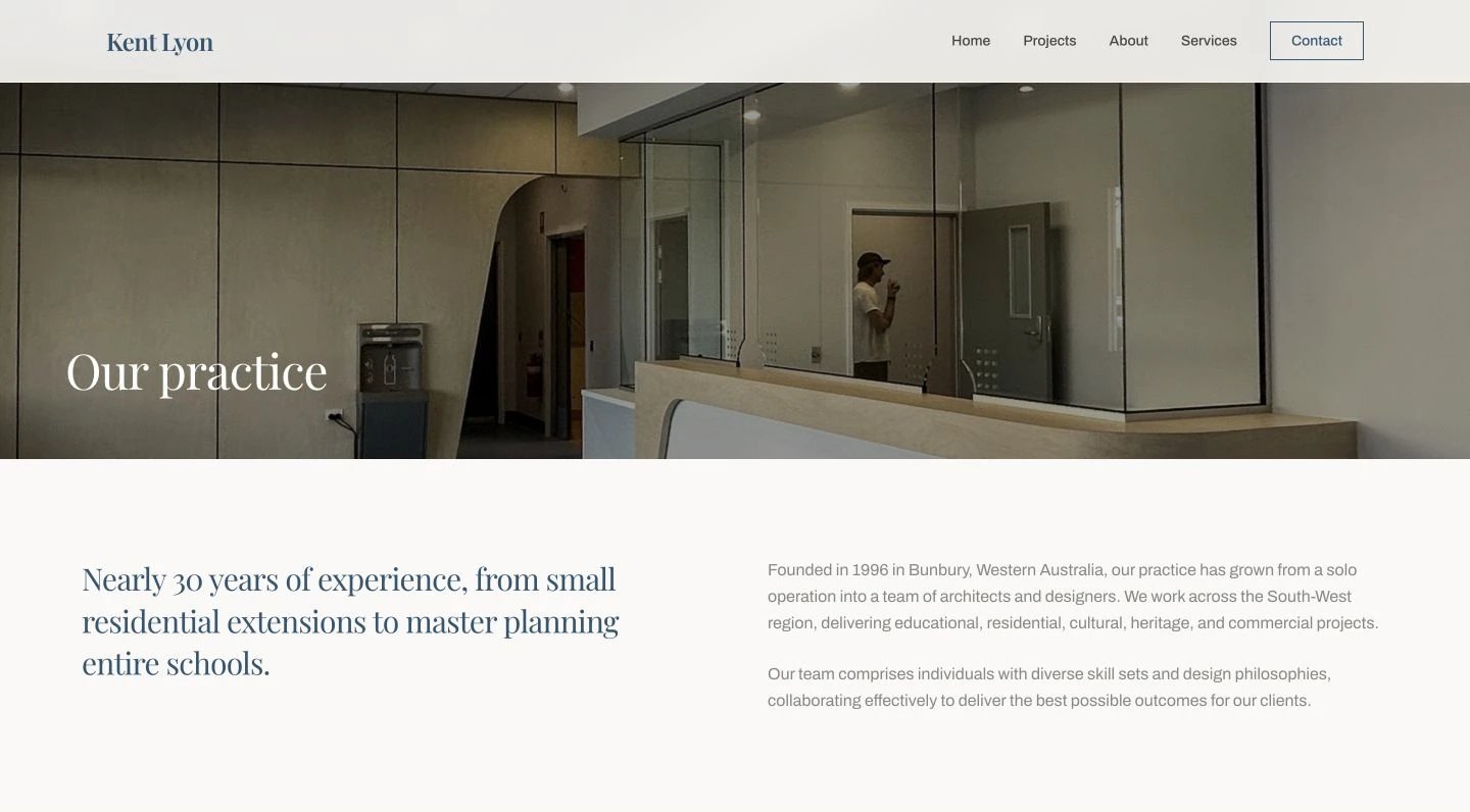 Kent Lyon Architect: About design, showing “Our practice”