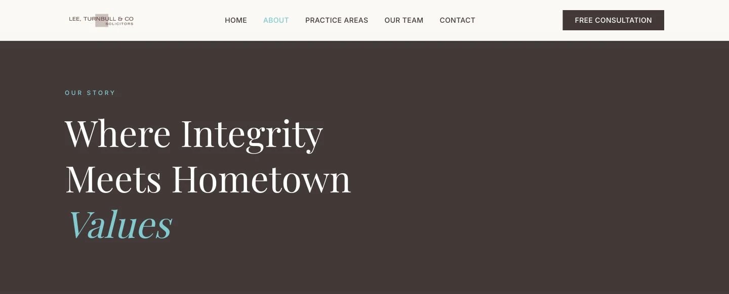 Lee Turnbull & Co: About design, showing “Where IntegrityMeets HometownValues”