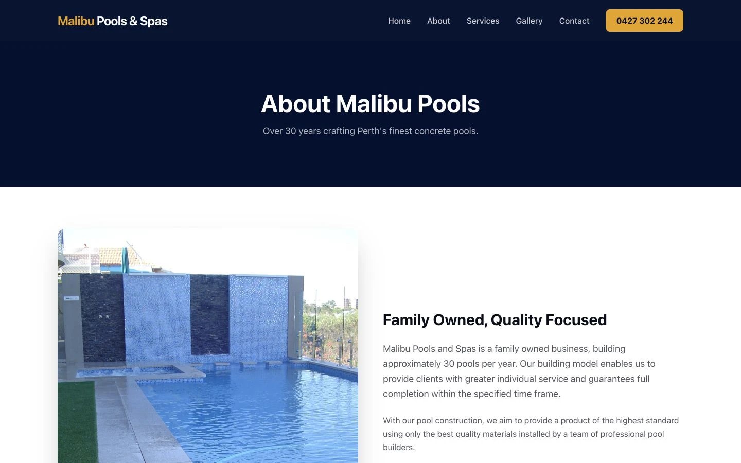 Malibu Pools and Spas: About design, showing “About Malibu Pools”