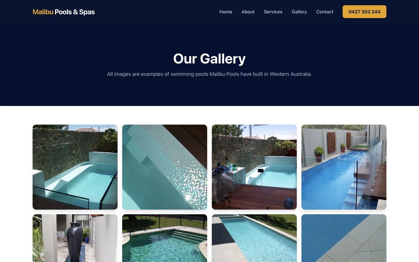 Malibu Pools and Spas: Gallery desktop layout