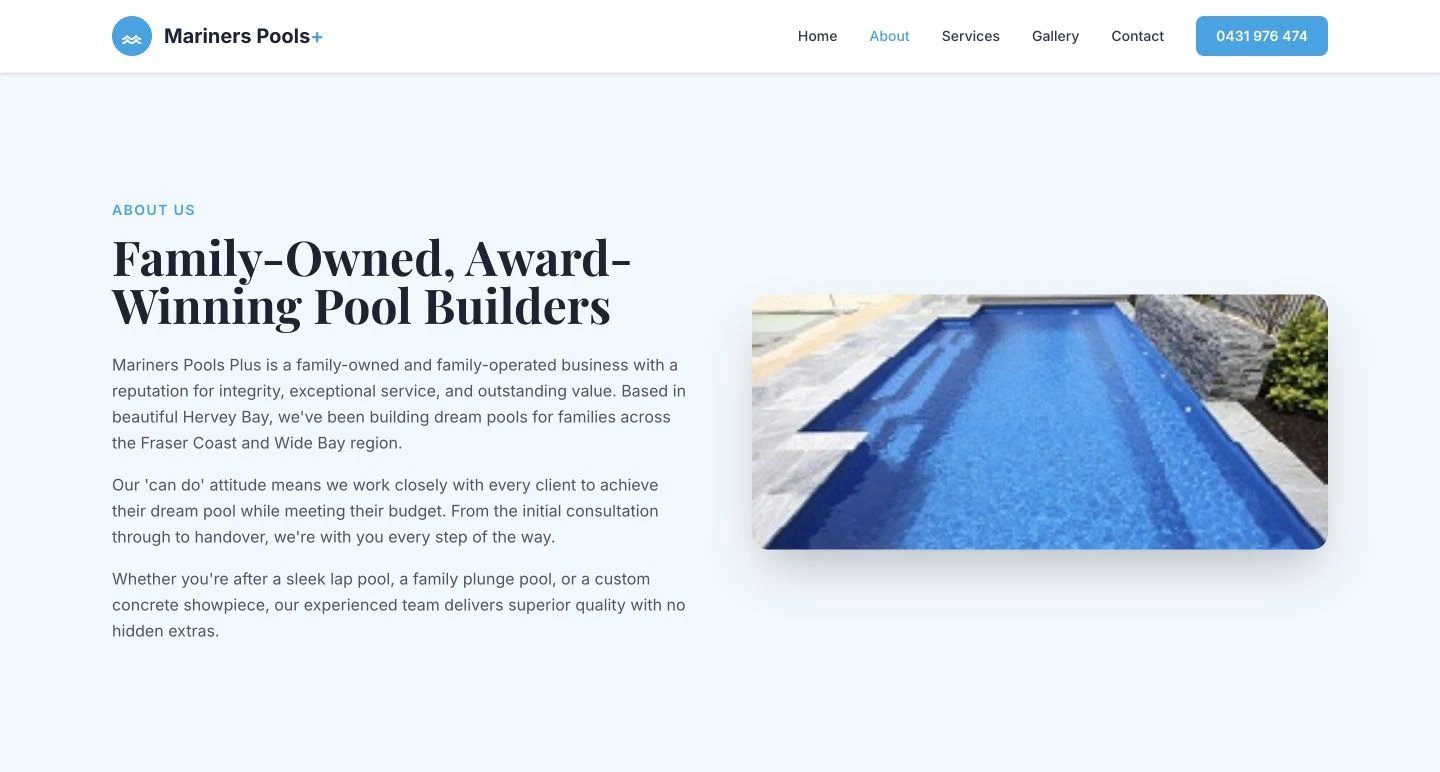 Mariners Pools Plus: About design, showing “Family-Owned, Award-Winning Pool Builders”