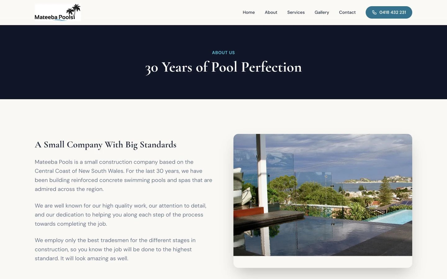 Mateeba Pools: About design, showing “30 Years of Pool Perfection”