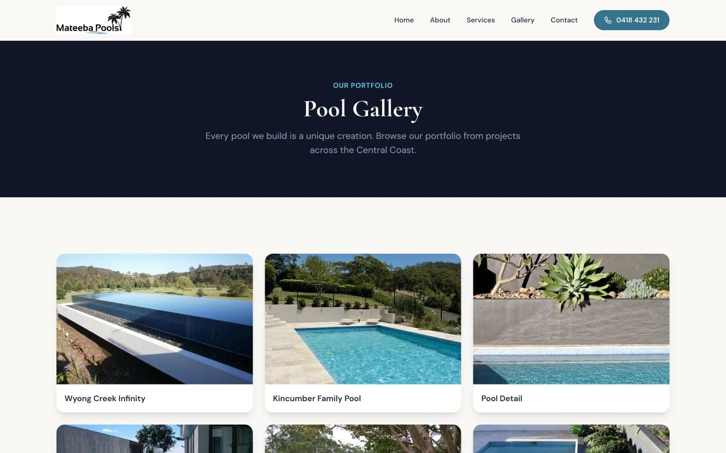 Mateeba Pools: Gallery desktop layout