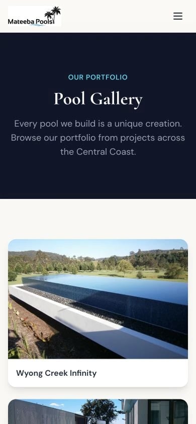 Mateeba Pools: Gallery mobile layout