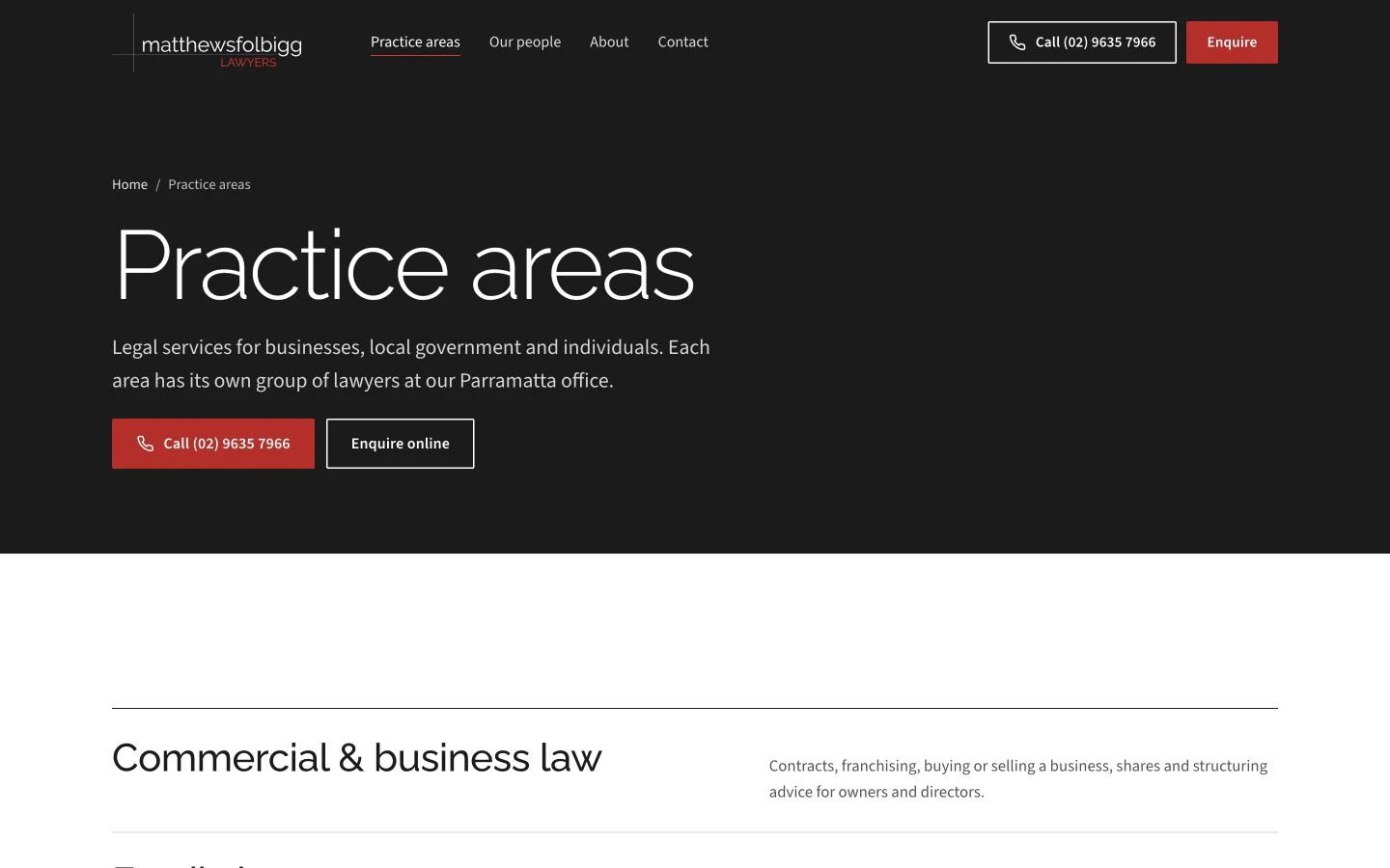 Matthews Folbigg Lawyers: Practice Areas desktop layout