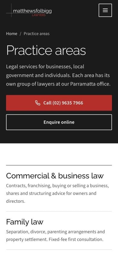 Matthews Folbigg Lawyers: Practice Areas mobile layout