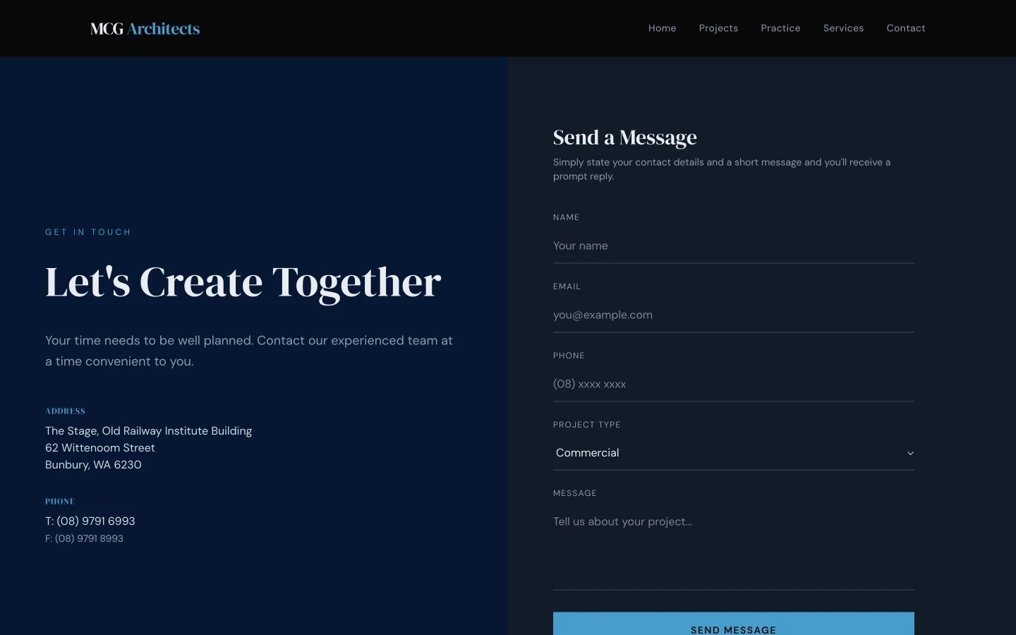 MCG Architects: Contact design, showing “Let's Create Together”