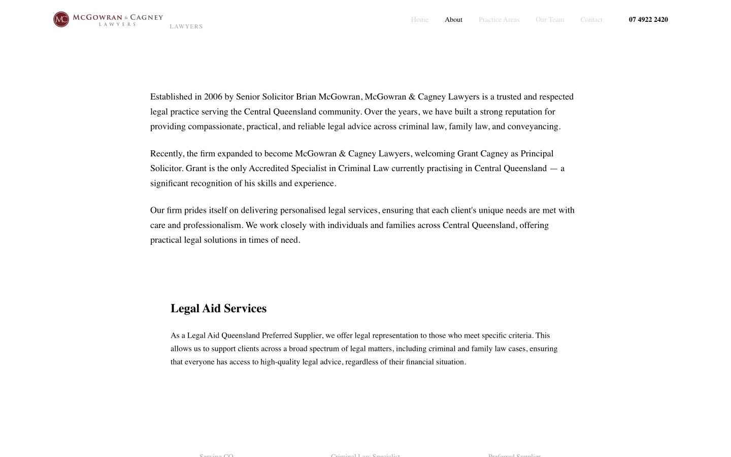 McGowran & Cagney Lawyers: About design, showing “About Us”