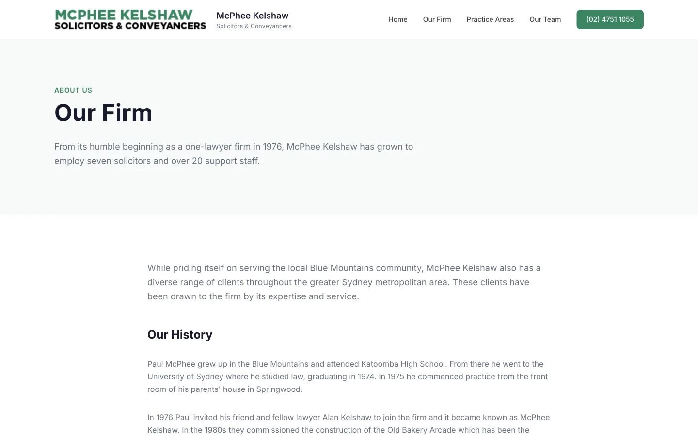 McPhee Kelshaw Solicitors: About design, showing “Our Firm”