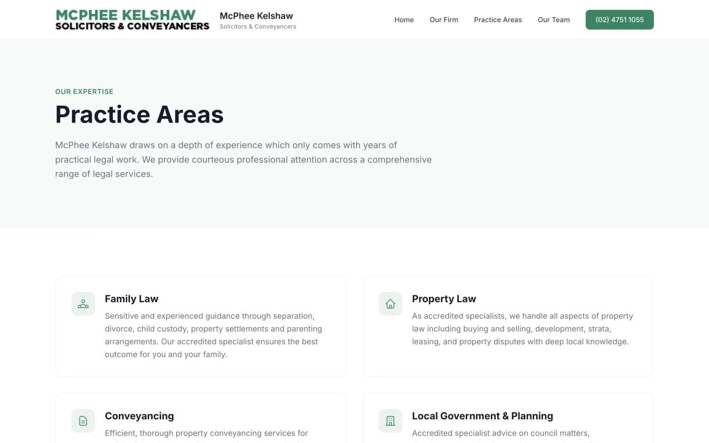 McPhee Kelshaw Solicitors: Practice Areas desktop layout