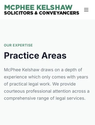 McPhee Kelshaw Solicitors: Practice Areas mobile layout
