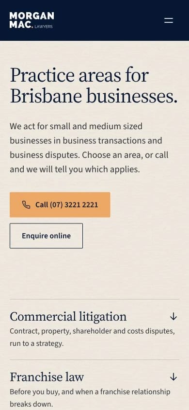 Morgan Mac Lawyers: Practice Areas mobile layout