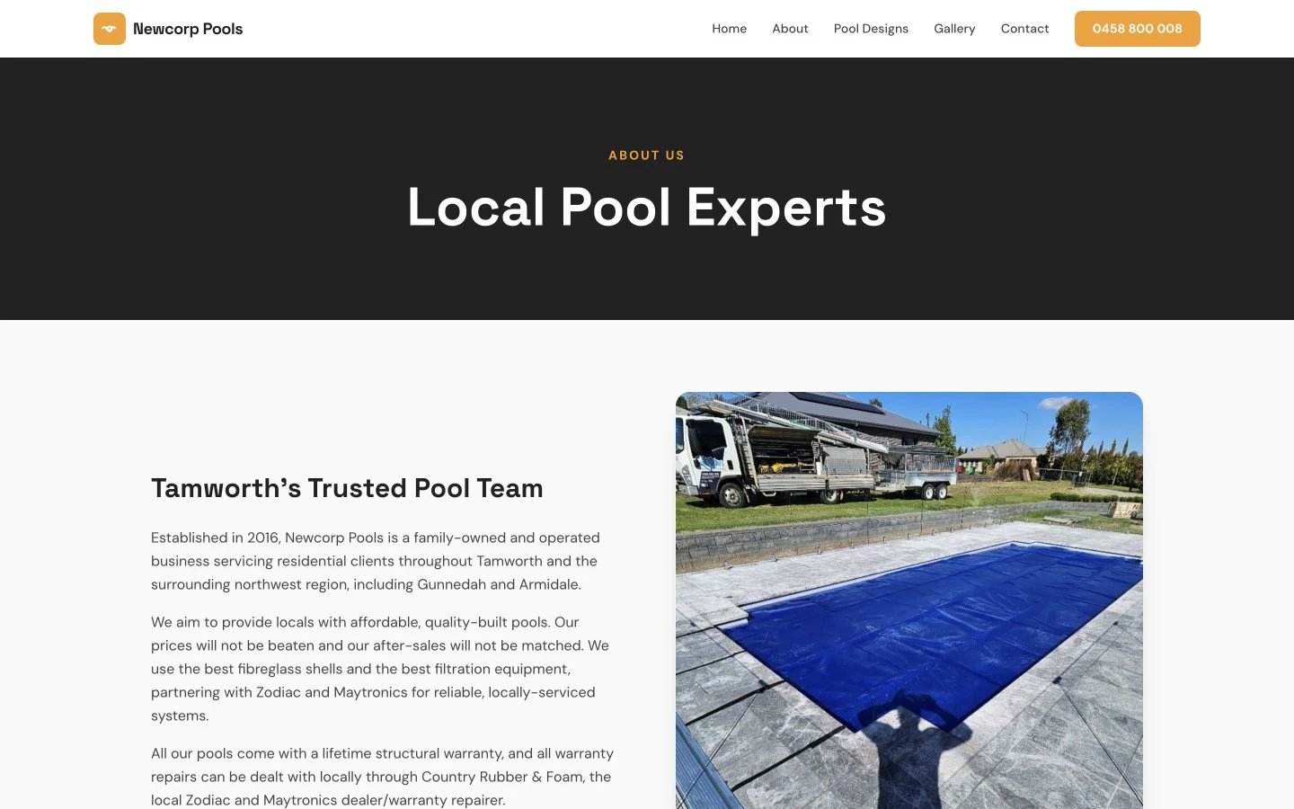 Newcorp Pools: About design, showing “Local Pool Experts”