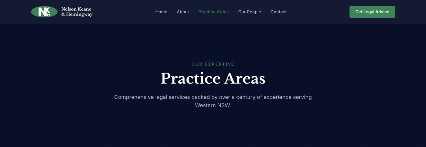 Nelson Keane & Hemingway Lawyers: Practice Areas desktop layout
