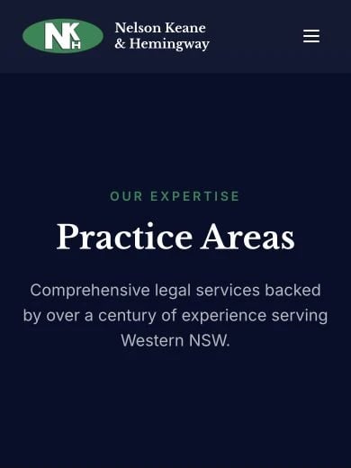 Nelson Keane & Hemingway Lawyers: Practice Areas mobile layout