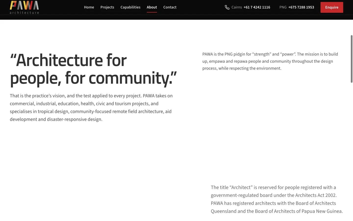 PAWA Architecture: About design, showing “Registered architects in Cairns and Port Moresby”
