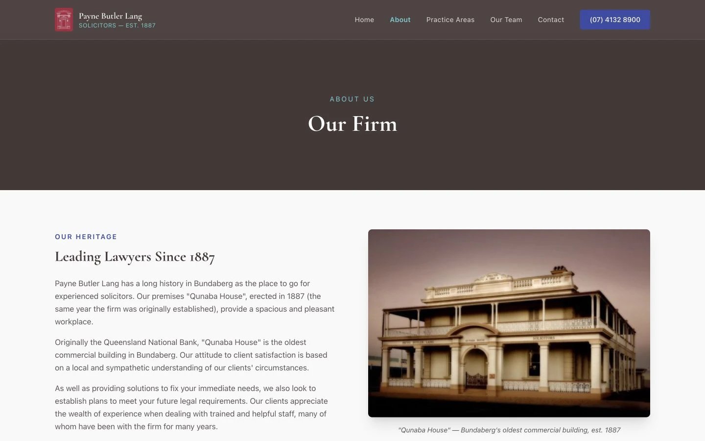 Payne Butler Lang: About design, showing “Our Firm”
