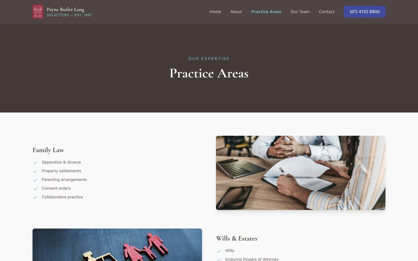 Payne Butler Lang: Practice Areas desktop layout