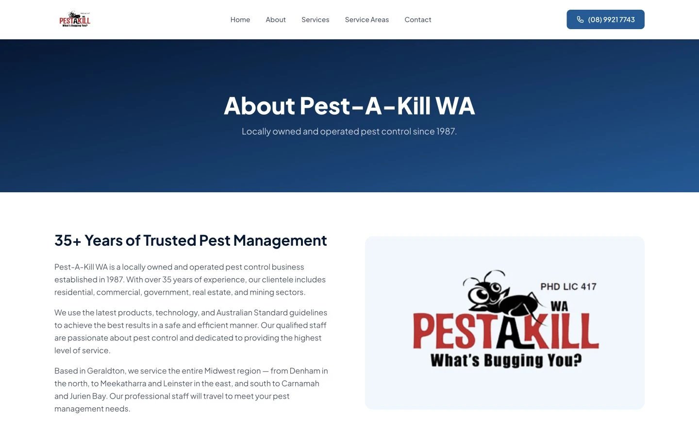 Pest-A-Kill WA: About design, showing “About Pest-A-Kill WA”