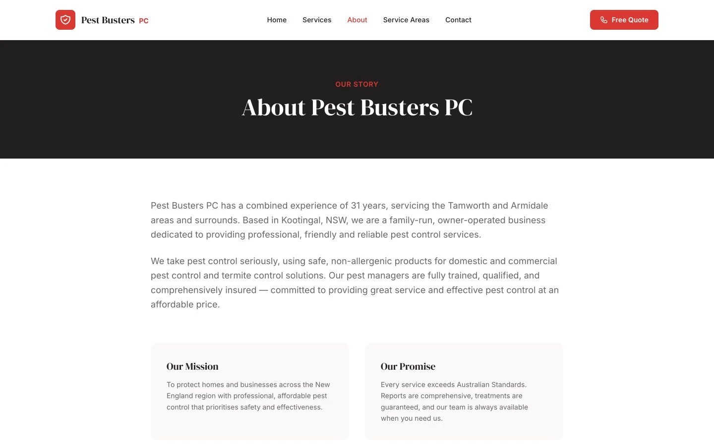 Pest Busters PC: About design, showing “About Pest Busters PC”