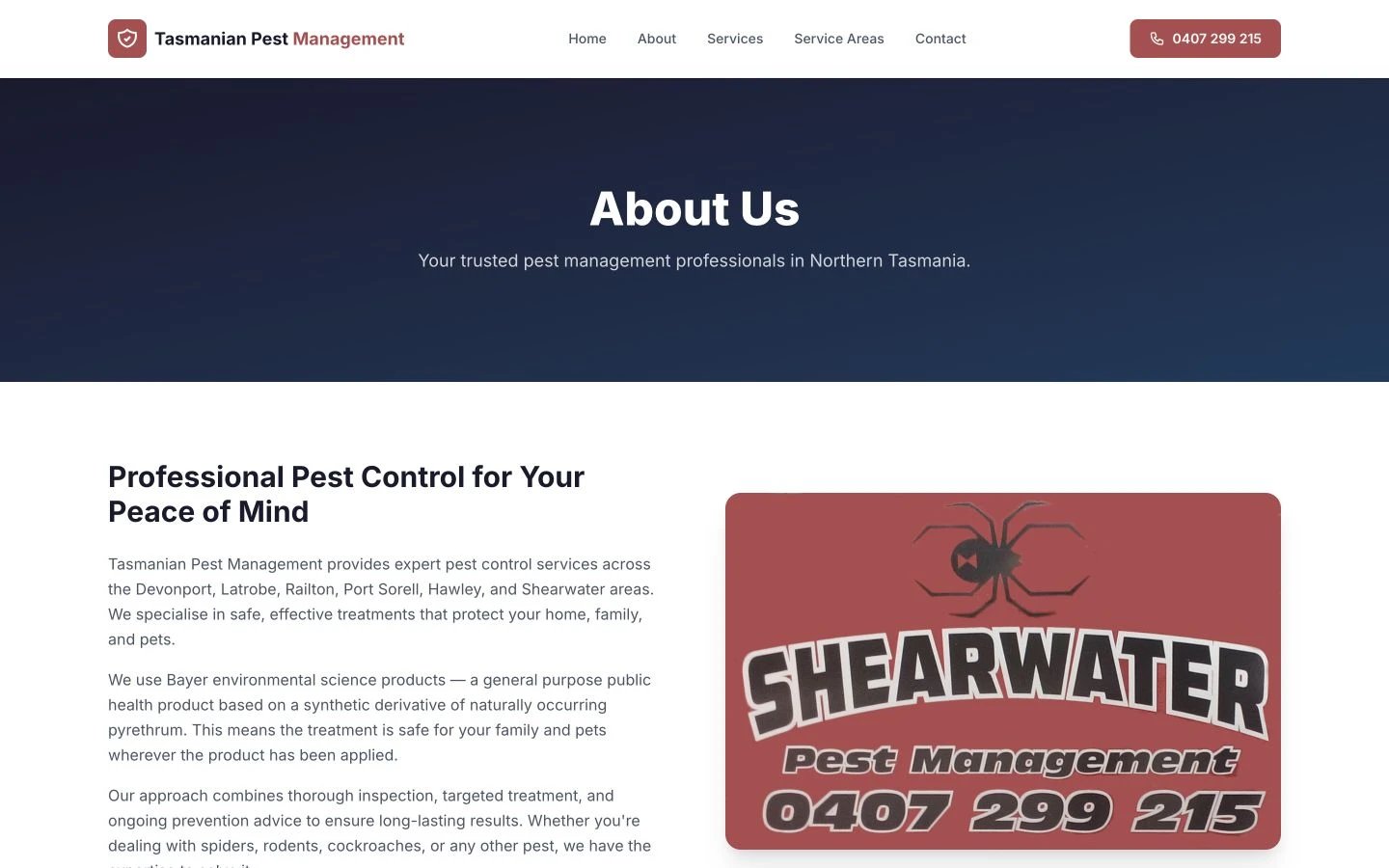 Tasmanian Pest Management: About design, showing “About Us”