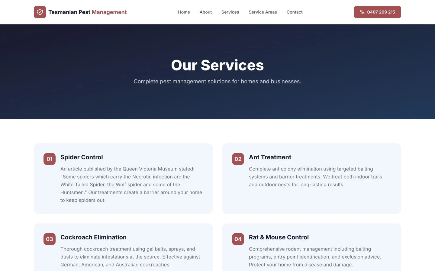 Tasmanian Pest Management: Services desktop layout