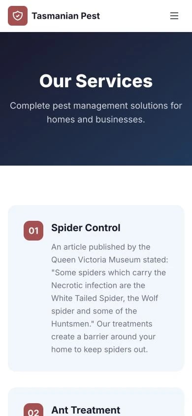 Tasmanian Pest Management: Services mobile layout
