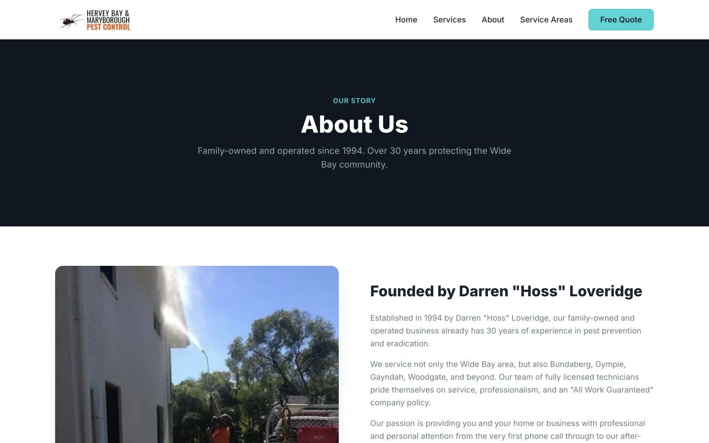 Hervey Bay & Maryborough Pest Control: About design, showing “About Us”