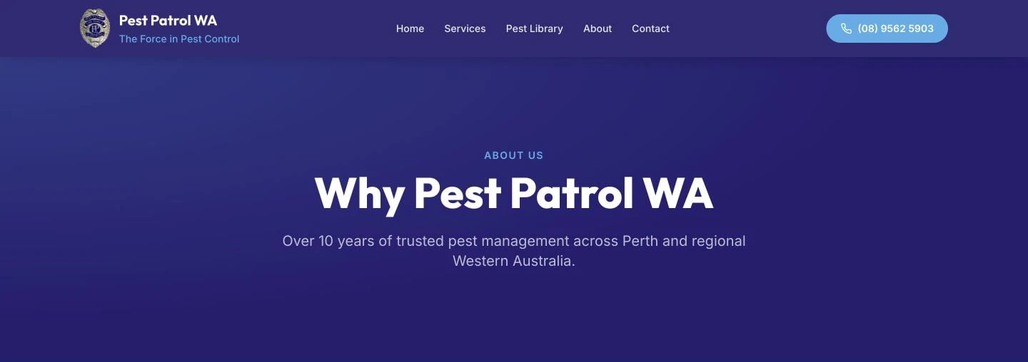 Pest Patrol WA: About design, showing “Why Pest Patrol WA”