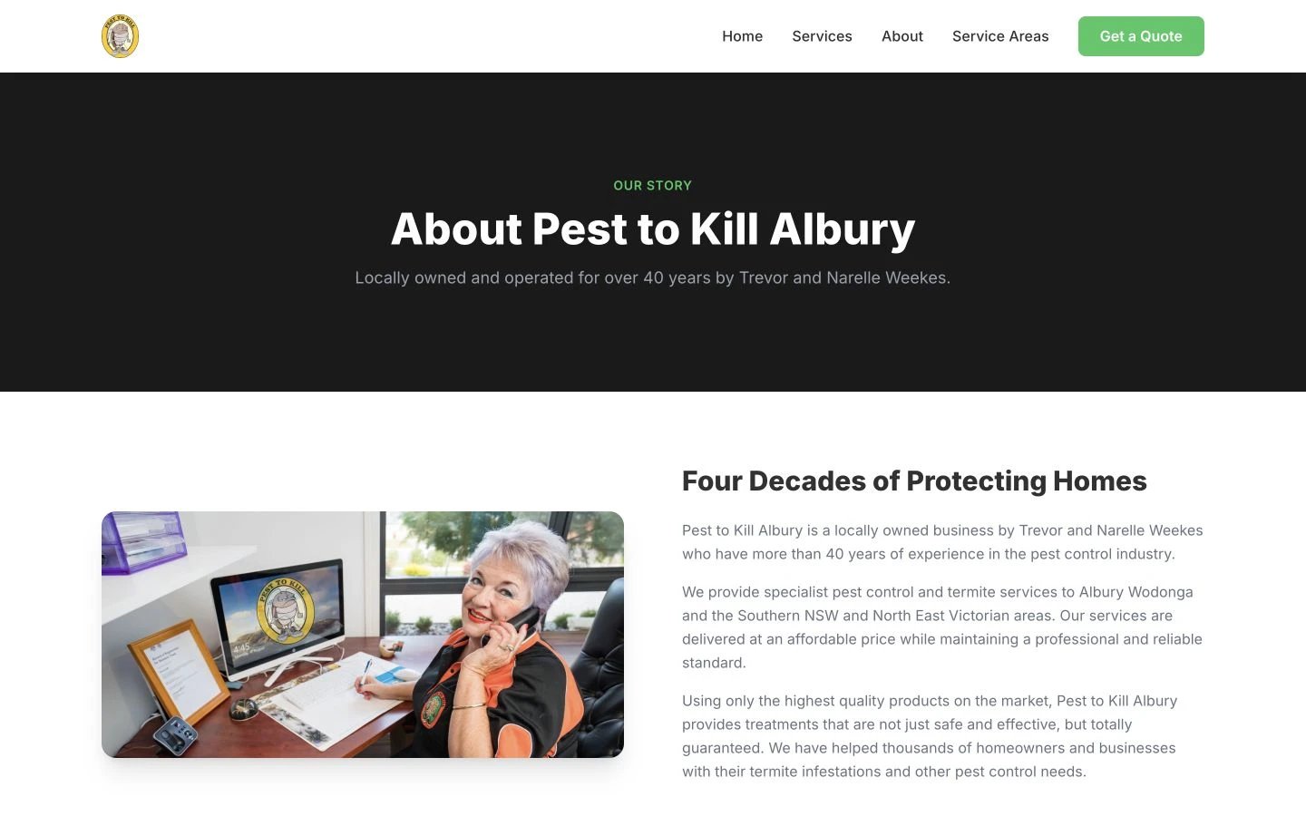 Pest to Kill Albury: About design, showing “About Pest to Kill Albury”