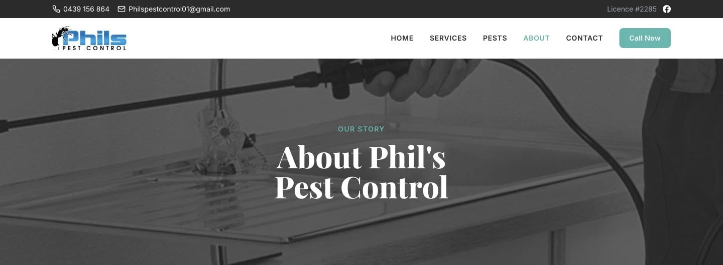 Phil's Pest Control: About design, showing “About Phil'sPest Control”