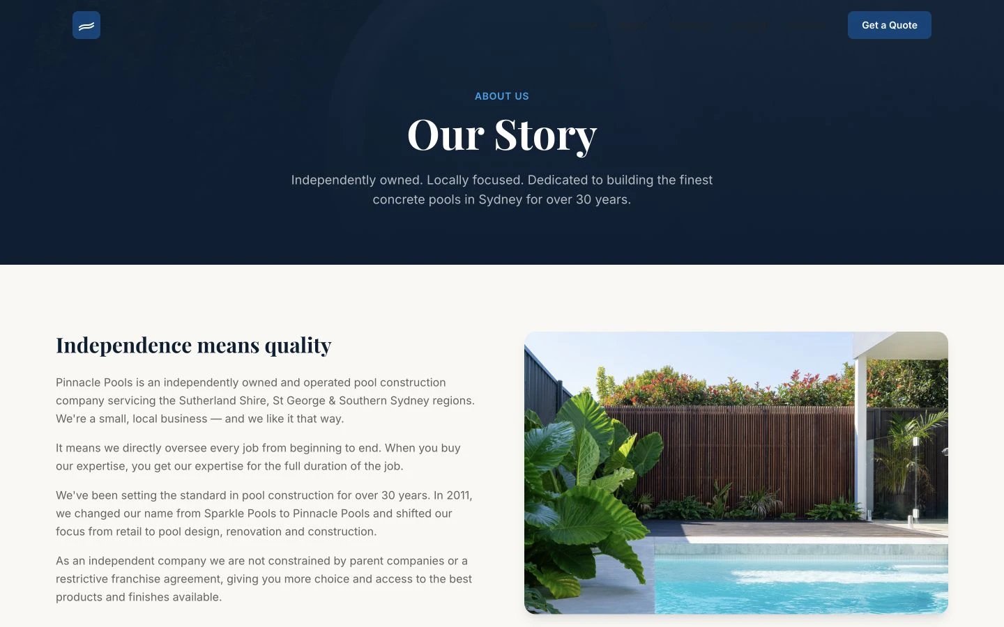 Pinnacle Pools: About design, showing “Our Story”